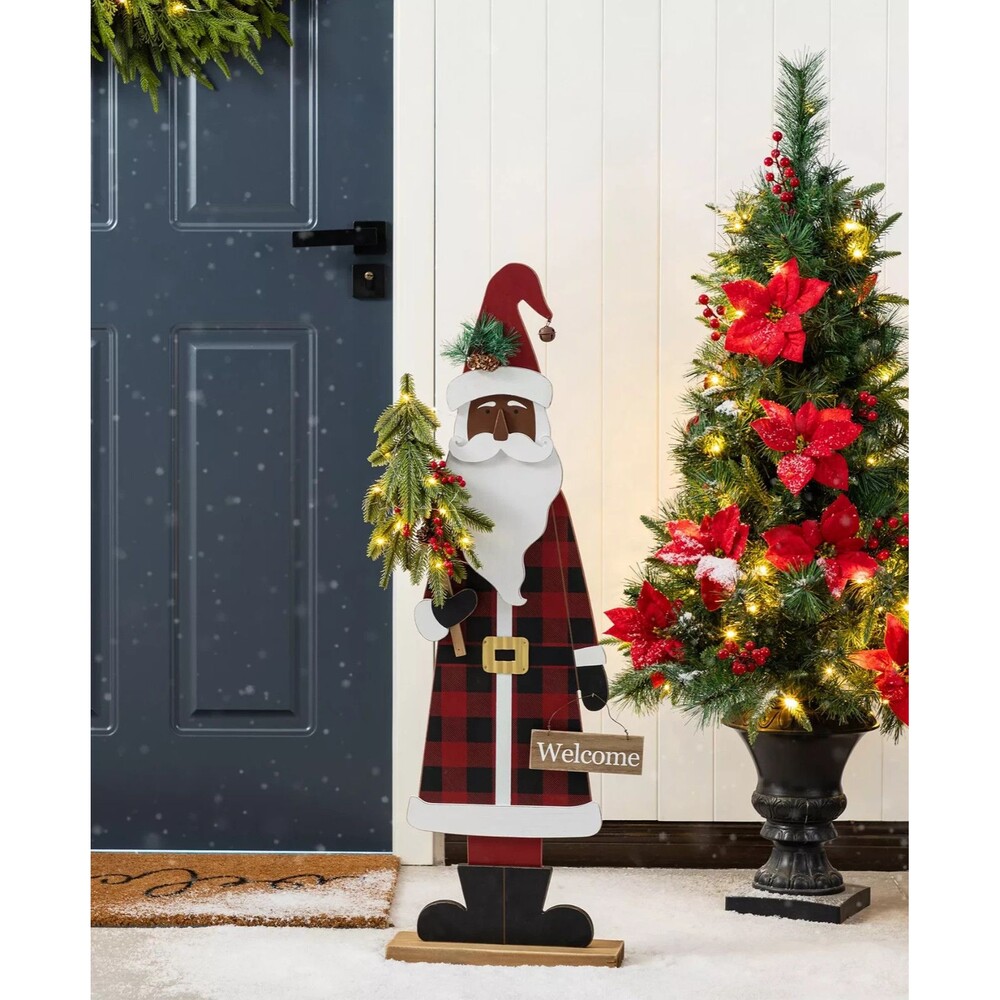 Glitzhome 35.75in Lighted African Santa Porch Decor Welcome Sign Xmas Stand Wood